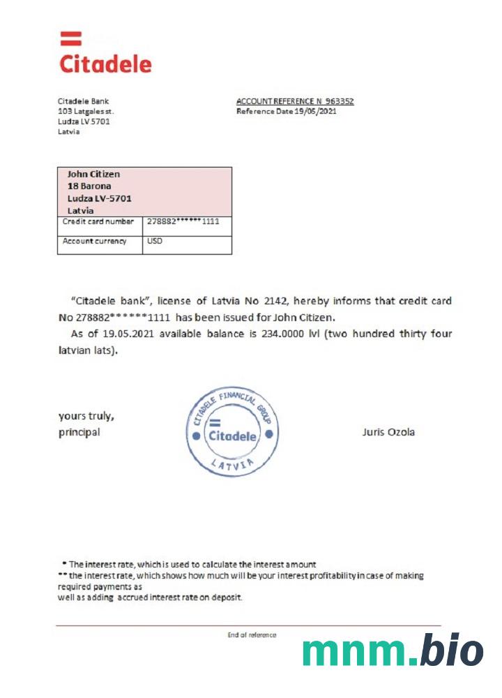 Przykład odniesienia banku Citadele na Łotwie w formatach Word i PDF